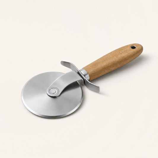 Pizza wheel with a stainless steel blade and wooden handle