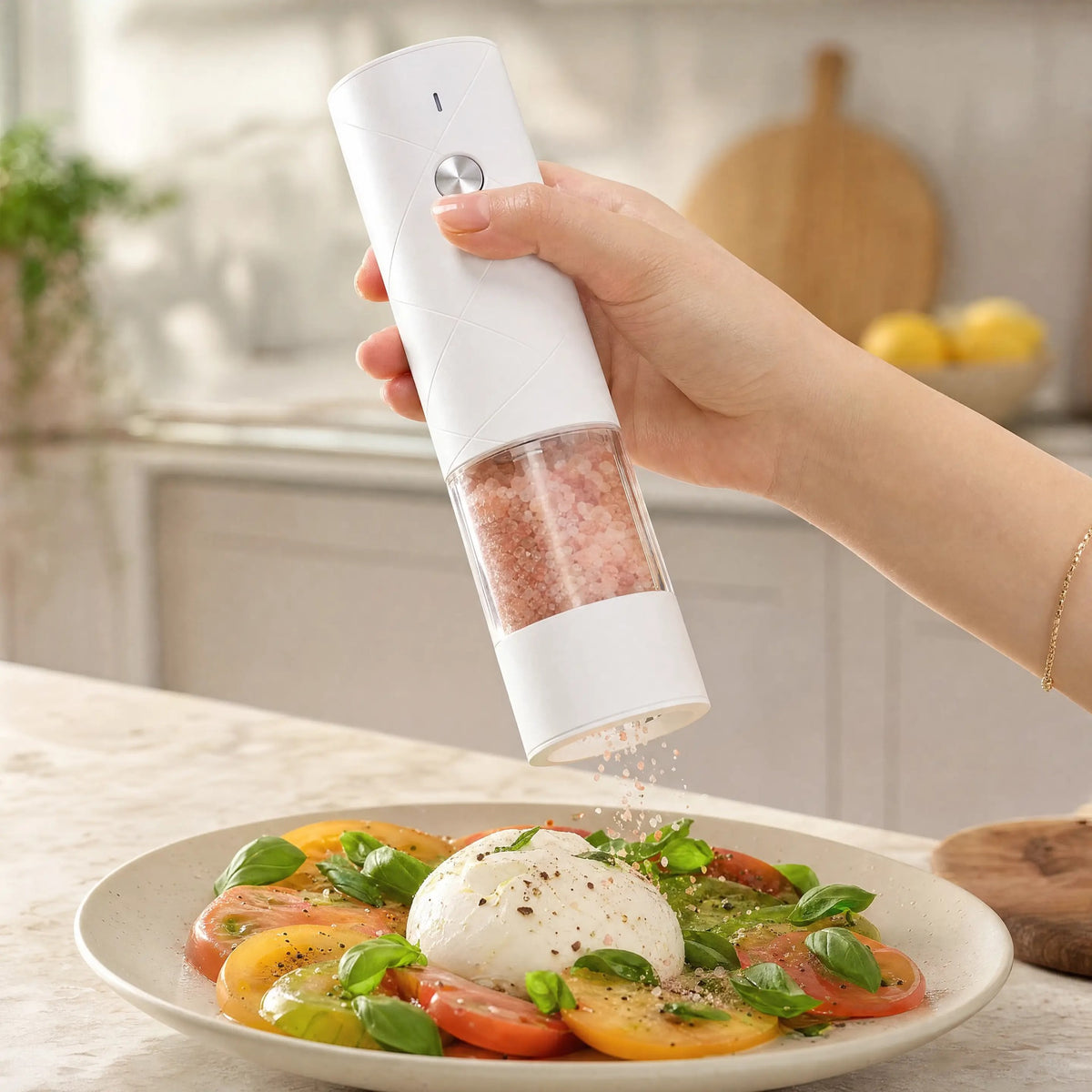 The electric salt mill in use in the kitchen