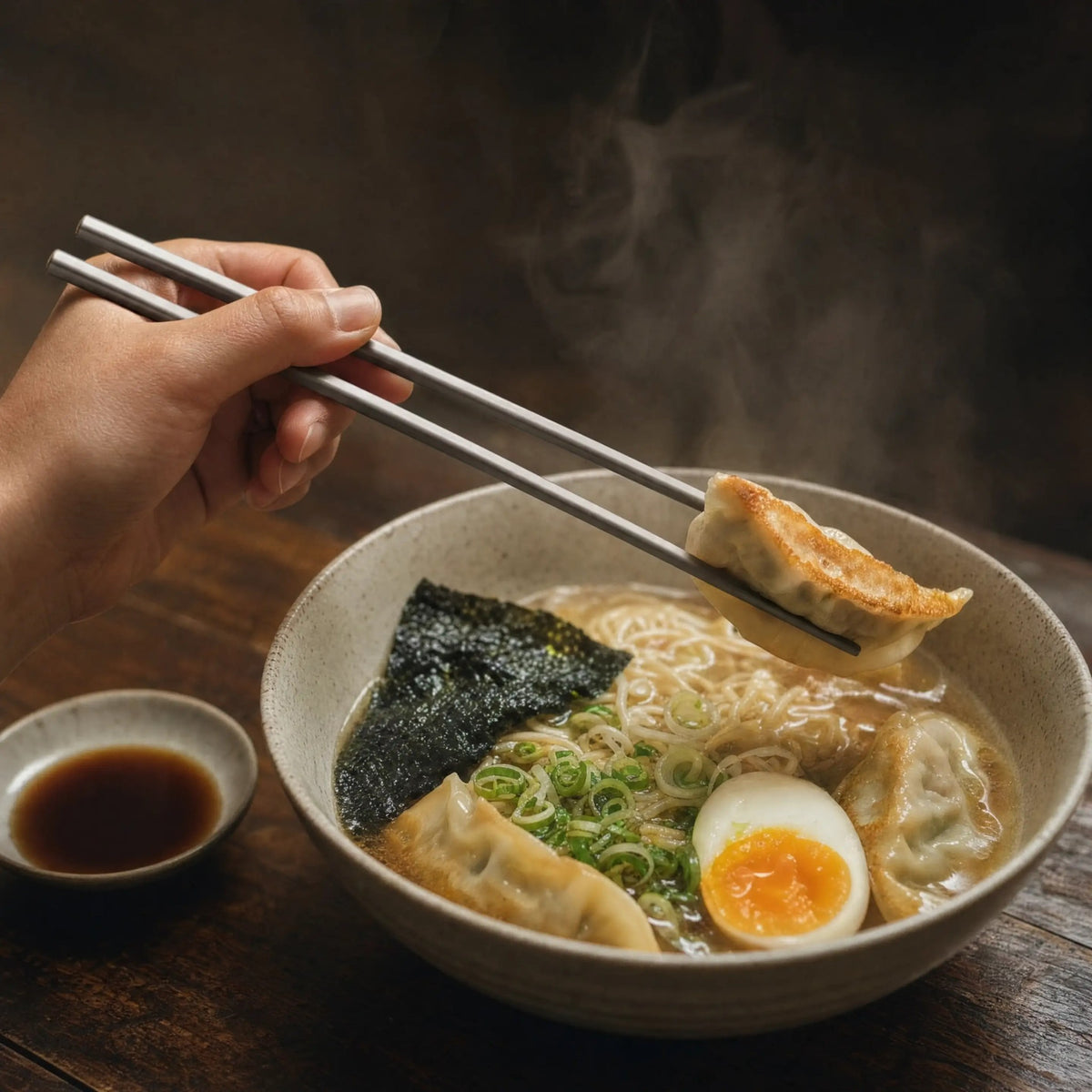 Titanium chopsticks lifting a dumpling from a bowl of ramen