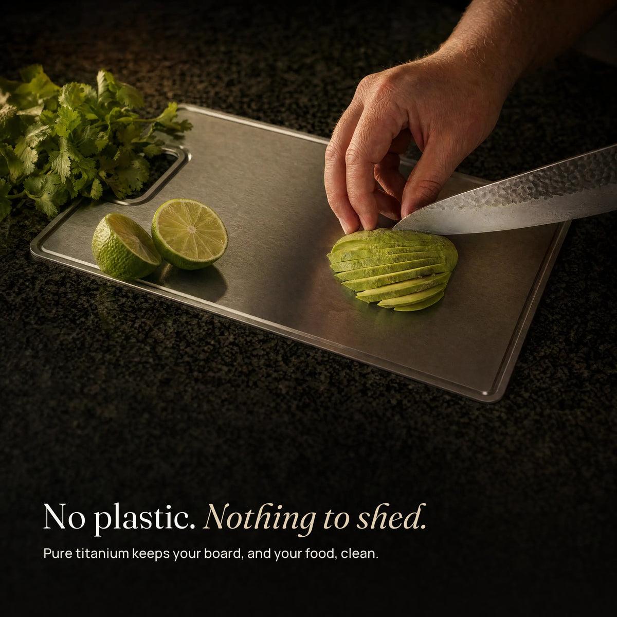 Slicing avocado on the titanium cutting board
