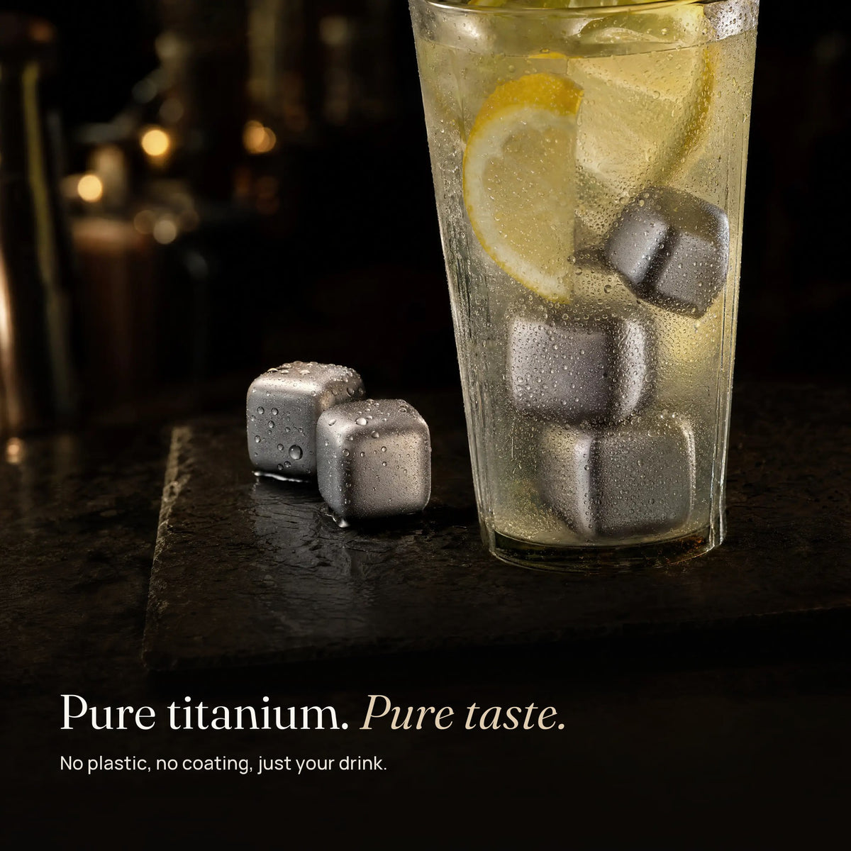Titanium ice cubes in a glass of lemonade