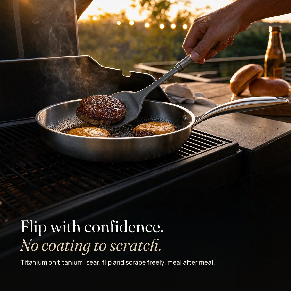 Flipping smash burgers in the titanium pan with the titanium spatula