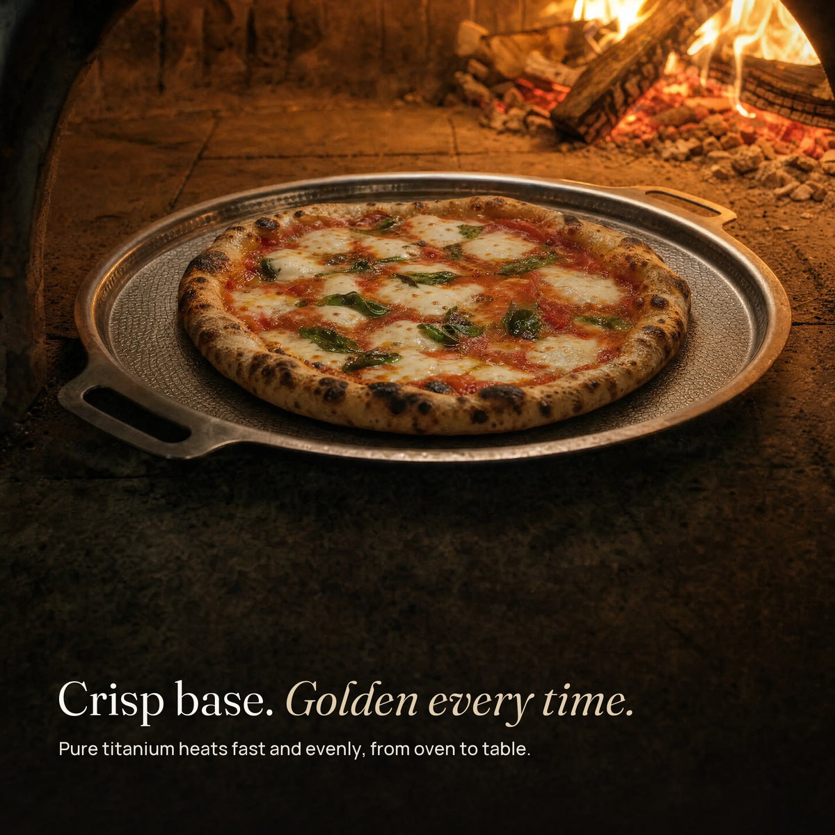 Margherita pizza baking on the titanium pizza steel in a wood fired oven