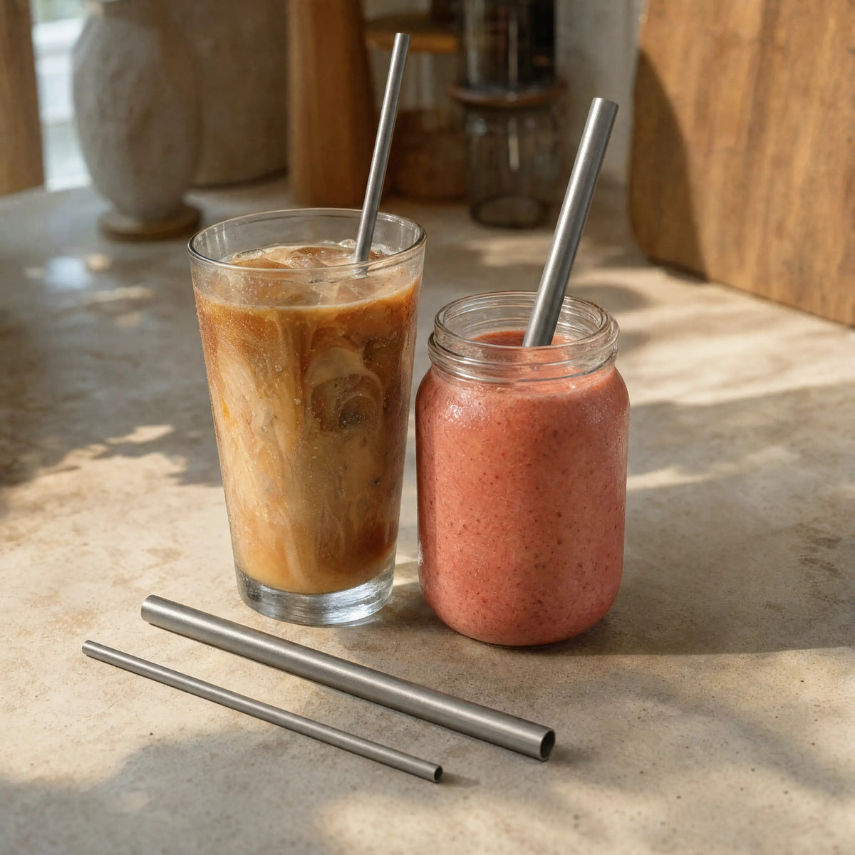 Iced coffee with a titanium straw next to a smoothie with a wide titanium milkshake straw
